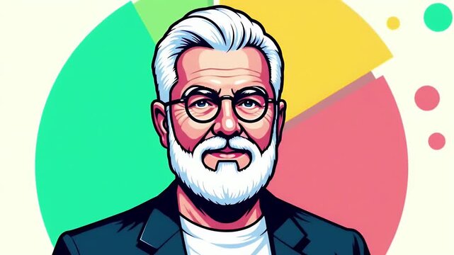 Aged Man Digital Art Portrait with a Pie Chart Background and Pixelated Texture