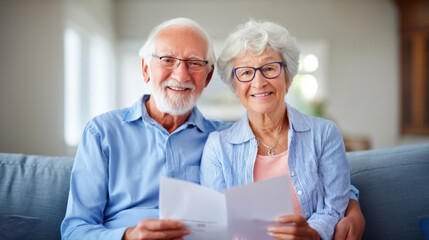 A joyful elderly couple smiles together while reading a letter, showcasing warmth and companionship in a cozy living space.