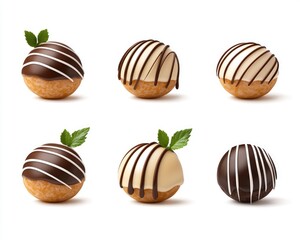 Round treats, drizzled in white or dark chocolate, with a mint garnish, set against a white background
