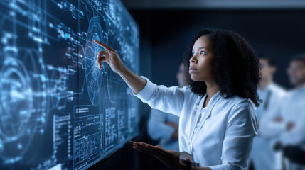 A professional woman interacts with a holographic display, showcasing advanced technology and innovation in a futuristic setting.