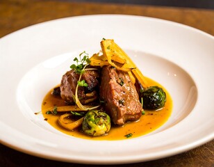 Gourmet roasted meat medallions with Brussels sprouts and root vegetables, served with a rich sauce on a fine dining plate