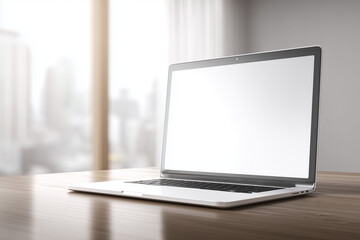 laptop, blank screen, mockup, office desk, workspace, modern technology, computer, digital device, minimalist, white display, copy space, home office, interior, clean design, work environment, busines