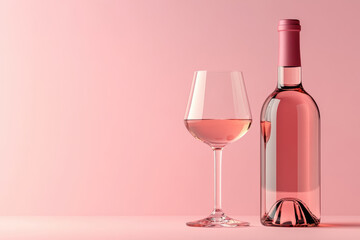 bottle of pink wine with an empty label and a glass of pink wine on a pink background are perfect for mockups and creating a summery atmosphere.