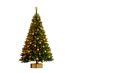 An elegant Christmas tree decorated with many golden balls and a golden star on top stands on a festive gift. The image is presented on a clean white background, which makes it easy to use in any desi