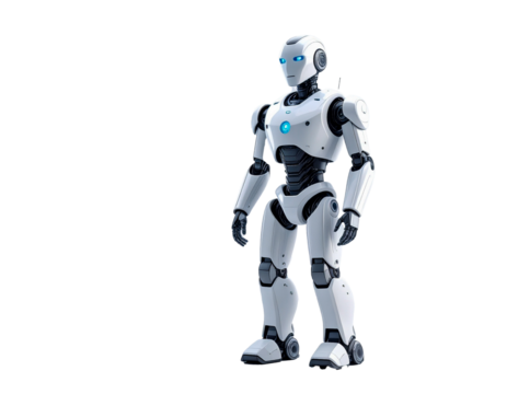 A modern and futuristic 3D rendering of a white humanoid robot standing upright, with emphasis on its mechanical parts and blue glowing elements. The robot looks powerful and technological, with a smo