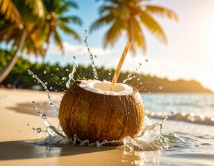 Fresh coconut drink with straw by the Beach shore