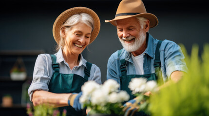 A joyful elderly couple gardening together, smiling and nurturing plants, showcasing a connection to nature and each other.