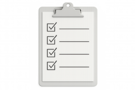 Clipboard with checkboxes marked with checkmarks on a transparent background, representing completed tasks or survey questions