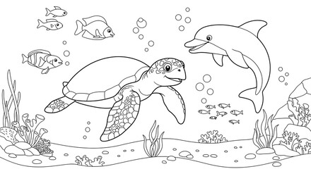 Obraz premium Underwater Scene Featuring Turtle and Dolphin Coloring Page