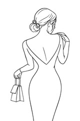 Elegant woman in a backless evening gown holding a shopping bag, viewed from behind.
