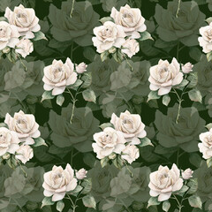 White rose with bud and leaves garden flower Watercolor hand painted floral seamless pattern on dark green background