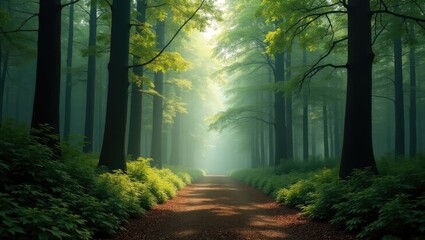 Obraz premium Misty forest path bathed in sunlight.