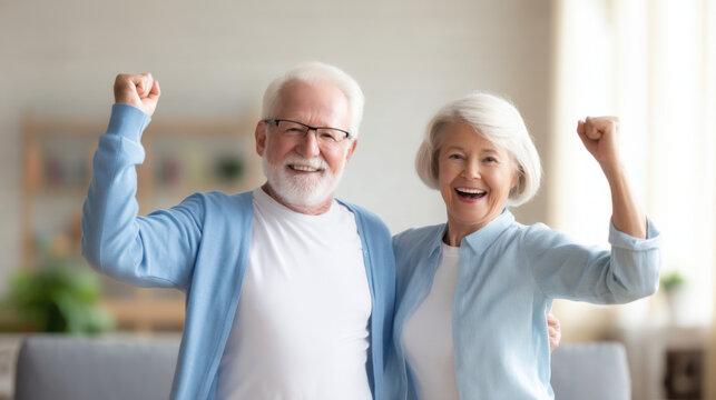 A joyful elderly couple celebrating together, expressing happiness and vitality in a bright, cheerful setting. - Powered by Adobe