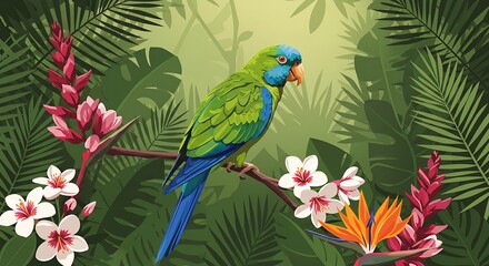 Vibrant Green Parrot Perched on Branch Amidst Lush Tropical Foliage and Flowers