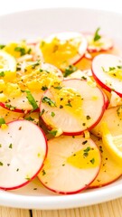 Radish slices tossed in a lemon vinaigrette.