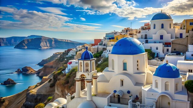 Photo of picturesque santorini, greece, with its iconic white buildings and bluedomed churches perched on cliffs overlooking the aegean sea, a popular travel destination in europe - Powered by Adobe