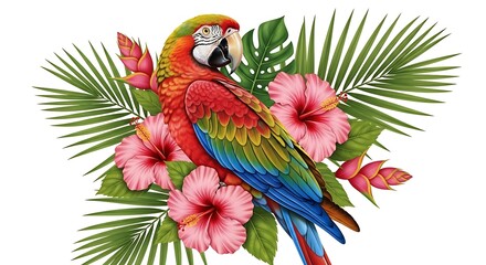Obraz premium Vibrant Scarlet Macaw Amidst Tropical Hibiscus and Palm