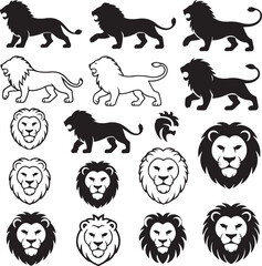 Obraz premium Collection of lion illustrations including full body and head profiles animal wildlife