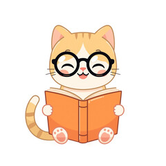 Cute Cartoon Cat Reading a Book, Adorable Smart Kitty with Glasses Illustration PNG for Education and Kids 
