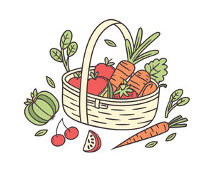 Harvest Basket Filled with Fresh Fruits and Vegetables Healthy Eating Concept Illustration for Market and Farm Promotion