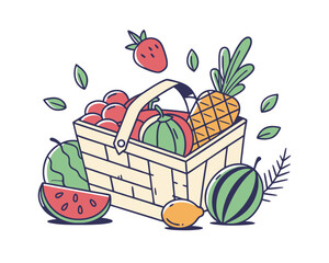 Stylized picnic basket filled with summer fruits strawberry pineapple watermelon lemon cherries illustration for healthy eating and seasonal enjoyment