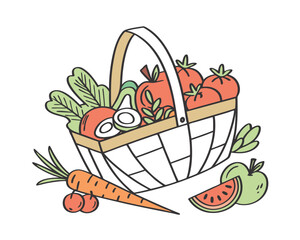 Cartoon Basket Full of Fresh Vegetables and Fruits Illustration for Healthy Eating Promotion and Food Market Designs