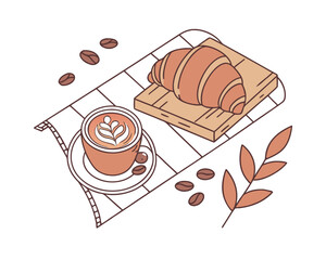 Coffee time illustration with latte art croissant and beans for breakfast or break in cafe