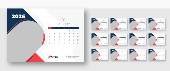 Calendar 2026 template | corporate desk calendar schedule 2026 monthly 12-page planner layout | week starts on Sunday