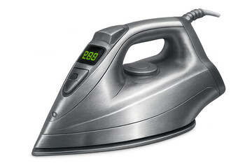 Electric iron displaying temperature on its digital screen, ready for ironing on transparent background