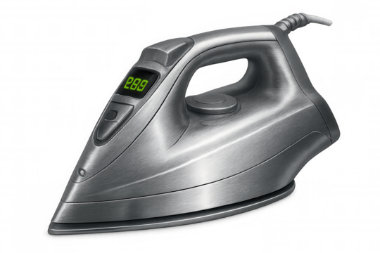 Electric iron displaying temperature on its digital screen, ready for ironing on transparent background