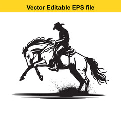 Cowboy riding a bucking horse in a rodeo, isolated on white background