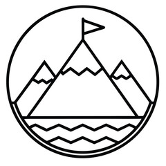 A clean line art icon of a mission. The lines are dark blue with consistent stroke weight, showing a mountain range with a flag on top. White background.