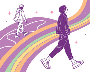 Stylish People Walking on a Colorful Rainbow Path Illustration with Stars and Hopeful Vibes for Creative Projects