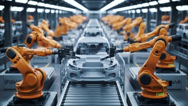Automated Car Assembly Line Featuring Orange Robotic Arms in a Factory Setting