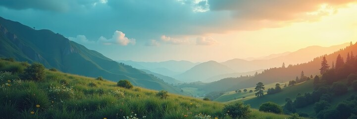 Fototapeta premium A tranquil mountain valley scene at sunset.