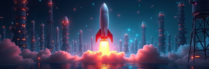 Obraz premium Futuristic rocket launch over a city of towering structures.
