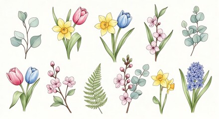 Watercolor Spring Flowers and Eucalyptus Branches on White Background, Botanical Illustration