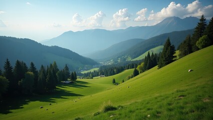 Fototapeta premium Lush green hills sloping gently down to a valley nestled between mountains.