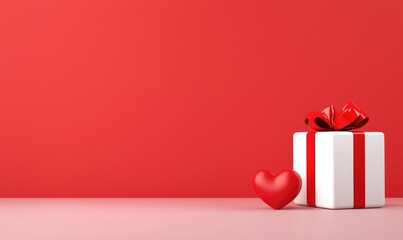 White gift box with red ribbon and heart on red and pink background