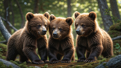 Obraz premium Three Adorable Brown Bear Cubs in the Forest