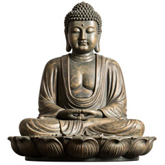 Angled Side Perspective of Stone Buddha with Lotus Base, Isolated PNG