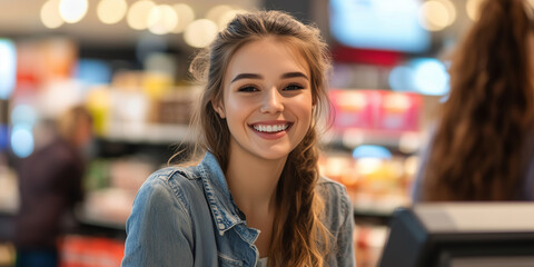 Portrait of a smiling young woman working at a checkout counter in a supermarket or store