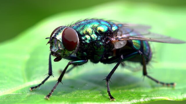 Close Up of a Green Metallic Fly Resting on a Vibrant Green Leaf in Natural Light