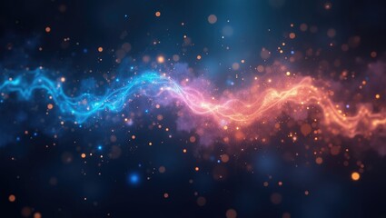 Abstract design with swirling, luminous streams of light against a dark background.