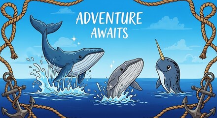 Whimsical Cartoon Whales and Narwhal with Adventure Awaits Message and Nautical Frame