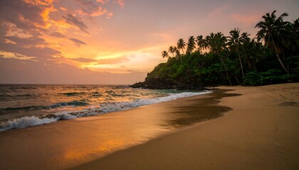 Golden sunset over a tropical beach.