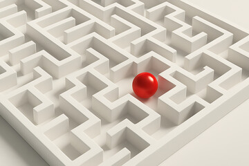 Red ball inside white maze labyrinth, concept of challenge obstacle navigation and problem solving strategy, abstract 3d puzzle design symbolizing decision making, confusion difficulty and success pat