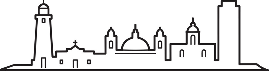 Detailed Skyline Outline of a Coastal City with Lighthouse, Churches, and Modern Building