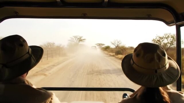 Couple in Safari Vehicle with Hats Travel Down Sandy Road in African Landscape
