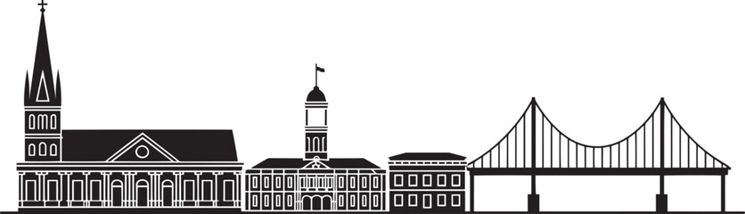 Detailed Skyline Silhouette of a City with Church and Bridge Architecture Vector